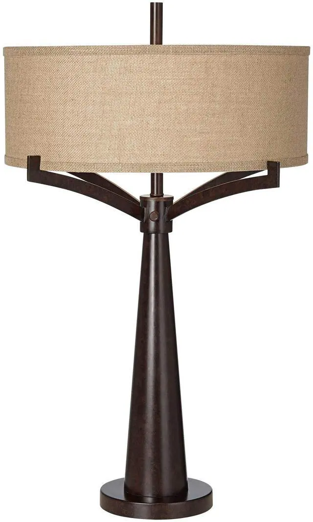 Main image of Tremont Rustic Farmhouse Table Lamp 31 1/2" Tall Allegheny Bronze Brown Iron Burlap Fabric Drum Shade for Bedroom Living Room House Home Bedside Nightstand Office Entryway Kids