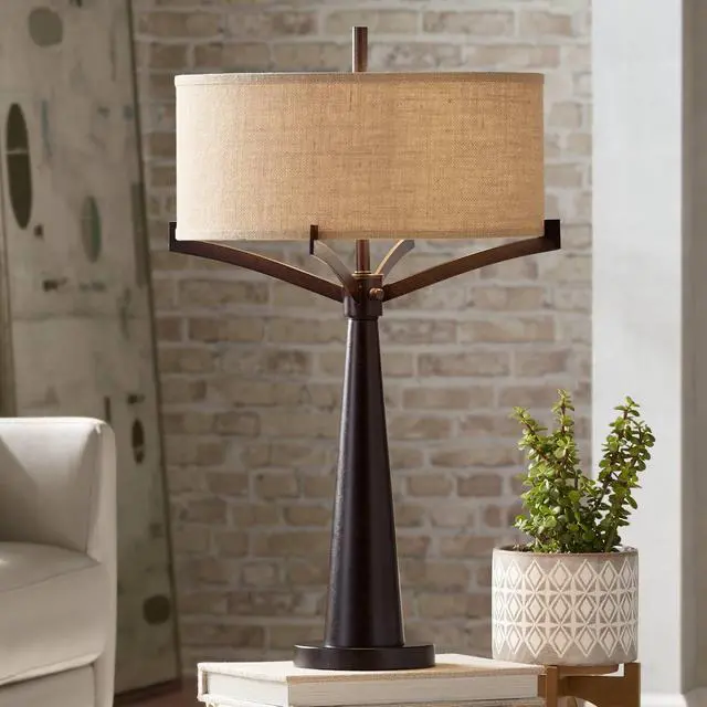 Alt view image 2 of 6 - Tremont Rustic Farmhouse Table Lamp 31 1/2" Tall Allegheny Bronze Brown Iron Burlap Fabric Drum Shade for Bedroom Living Room House Home Bedside Nightstand Office Entryway Kids