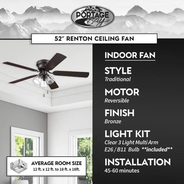 Alt view image 3 of 6 - Ceiling Fans 52" Renton Bronze Indoor Fan with Clear 3 Light LED Multi Arm; E26/B11 Bulb and Pull-Chains, Traditional Style, 5 Reversible Barnwood/Dark Chestnut Blades, 51439