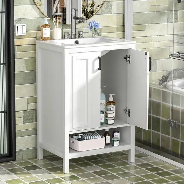 Main image of 24" Bathroom Vanity with Ceramic Sink, Modern White Bathroom Sink Set with 2 Doors and Open Shelf, Space-Saving Sink Cabinet for Small Bathrooms (Faucet Not Included)