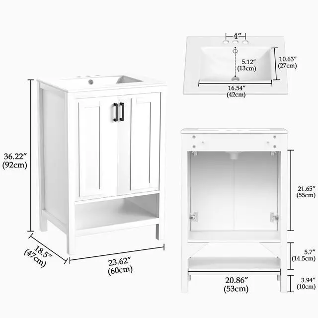 Alt view image 2 of 6 - 24" Bathroom Vanity with Ceramic Sink, Modern White Bathroom Sink Set with 2 Doors and Open Shelf, Space-Saving Sink Cabinet for Small Bathrooms (Faucet Not Included)