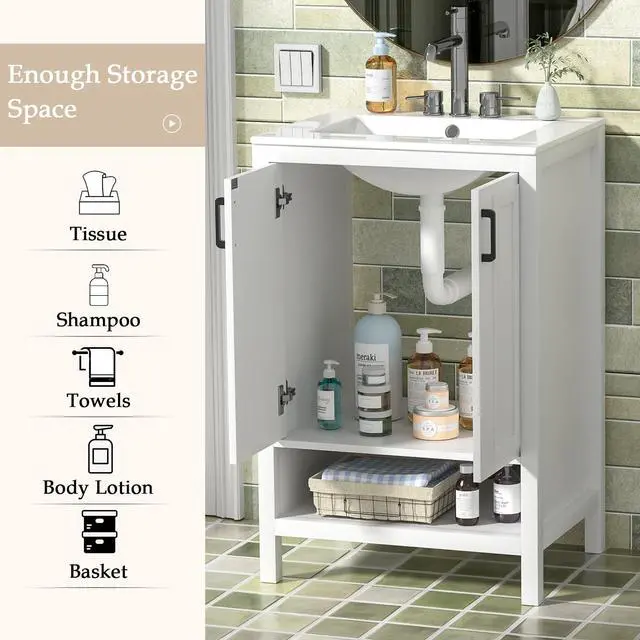 Alt view image 3 of 6 - 24" Bathroom Vanity with Ceramic Sink, Modern White Bathroom Sink Set with 2 Doors and Open Shelf, Space-Saving Sink Cabinet for Small Bathrooms (Faucet Not Included)