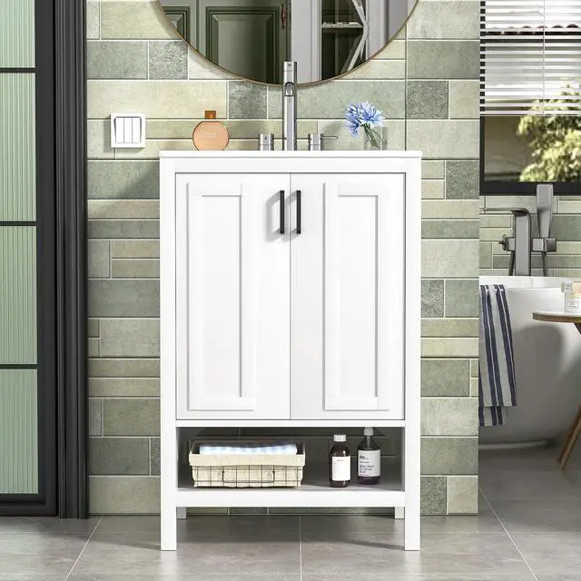 Alt view image 6 of 6 - 24" Bathroom Vanity with Ceramic Sink, Modern White Bathroom Sink Set with 2 Doors and Open Shelf, Space-Saving Sink Cabinet for Small Bathrooms (Faucet Not Included)