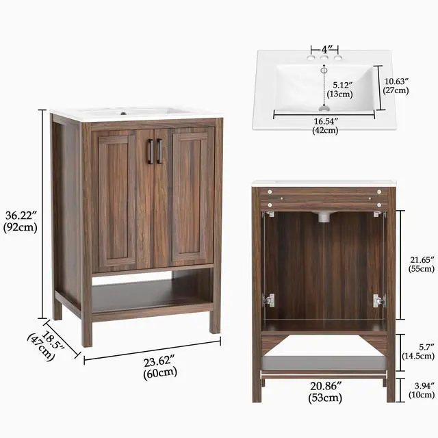 Alt view image 2 of 6 - 24" Modern Walnut Bathroom Vanity with Ceramic Sink, 2 Doors, Open Shelf, Space-Saving for Small Bathrooms (Faucet Not Included)