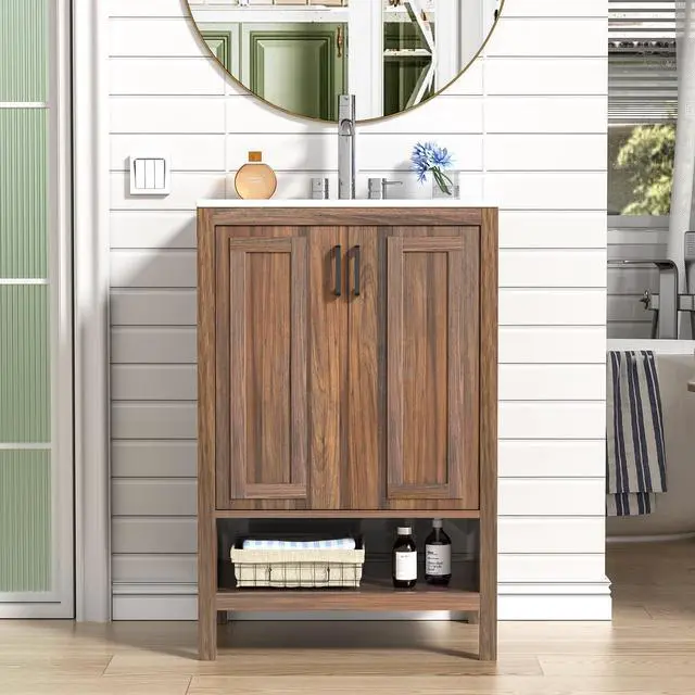 Alt view image 3 of 6 - 24" Modern Walnut Bathroom Vanity with Ceramic Sink, 2 Doors, Open Shelf, Space-Saving for Small Bathrooms (Faucet Not Included)