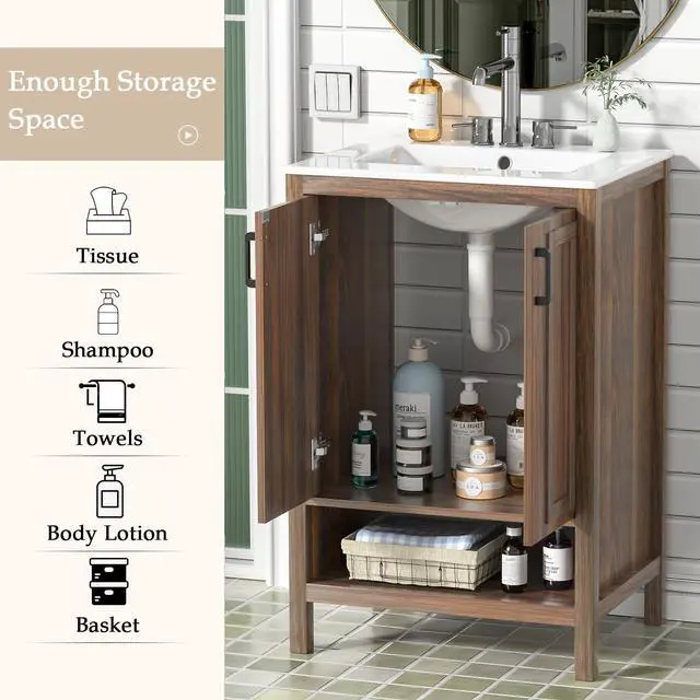 Alt view image 4 of 6 - 24" Modern Walnut Bathroom Vanity with Ceramic Sink, 2 Doors, Open Shelf, Space-Saving for Small Bathrooms (Faucet Not Included)