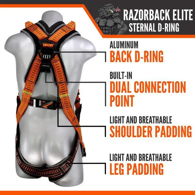 Alt view image 2 of 6 - Razorback Elite Safety Harness Lightweight Safety Harness Fall Protection Kit with Sewn in Belt and Sternal D-Rings for Fall Arrest, OSHA & ANSI Compliant (XL-XXL)