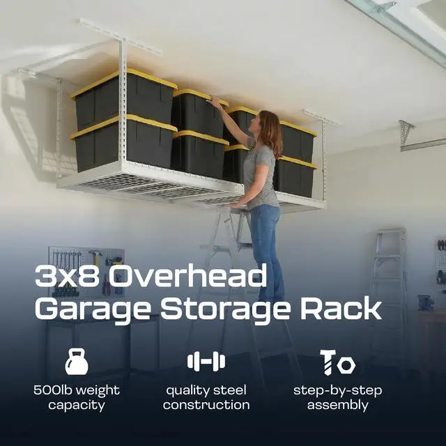 Alt view image 2 of 6 - MonsterRax Overhead Garage Storage Racks 3x8 Ceiling Mounted Shelving, Adjustable Hanging Organizer, Heavy Duty Steel, Holds 500 Pounds, Color: White, Adjustable from 24"-45" off the Ceiling