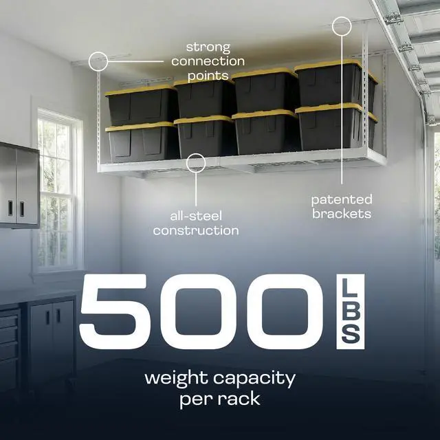 Alt view image 4 of 6 - MonsterRax Overhead Garage Storage Racks 3x8 Ceiling Mounted Shelving, Adjustable Hanging Organizer, Heavy Duty Steel, Holds 500 Pounds, Color: White, Adjustable from 24"-45" off the Ceiling