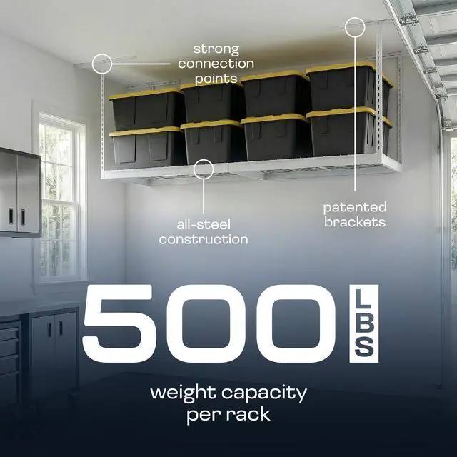 Alt view image 4 of 6 - MonsterRax Overhead Garage Storage Racks 3x8 Ceiling Mounted Shelving, Adjustable Hanging Organizer, Heavy Duty Steel, Holds 500 Pounds, Color: White, Adjustable from 24"-45" off the Ceiling