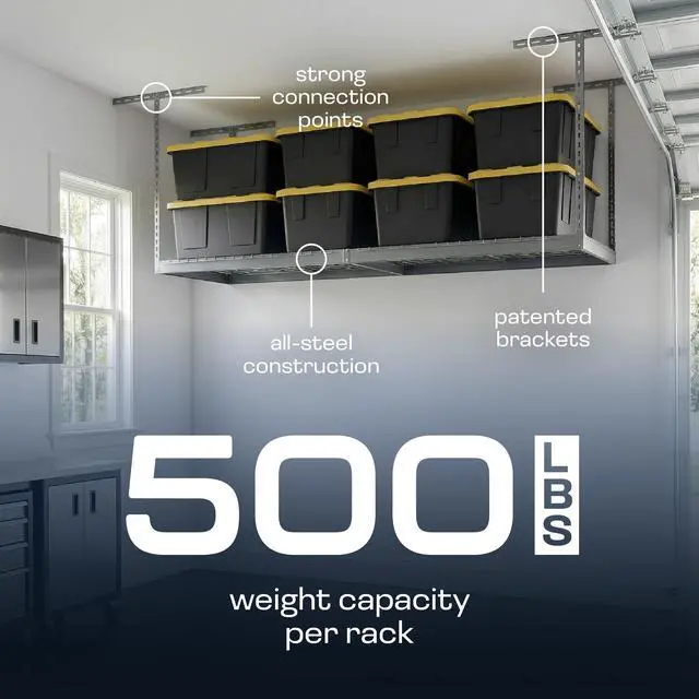 Alt view image 4 of 6 - MonsterRax Overhead Garage Storage Racks 3x8 Ceiling Mounted Shelving, Adjustable Hanging Organizer, Heavy Duty Steel, Holds 500 Pounds, Color: White, Adjustable from 24"-45" off the Ceiling