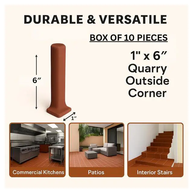 Alt view image 5 of 5 - 1x6 Colonial Red Quarry Outside Corner Tile Ceramic Wall & Floor Trim, Matte Non-Slip Finish, Indoor Outdoor Use, Restaurant Hotel Kitchen Spa (10 Pieces)
