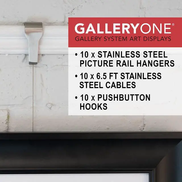 Alt view image 3 of 6 - Picture Rail Molding Hook Art Hangers, Gallery Quality, Instantly Adjustable: Choose Brushed Brass or Stainless Steel Hangers with 6.5-Foot Cables (10, Stainless Steel)