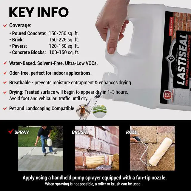Alt view image 5 of 6 - LastiSeal Brick & Concrete Sealer (5 Gal) Deep Seals and Strengthens Brick, Concrete, Pavers & Porous Stone 15-Year Protection Natural Flat Finish