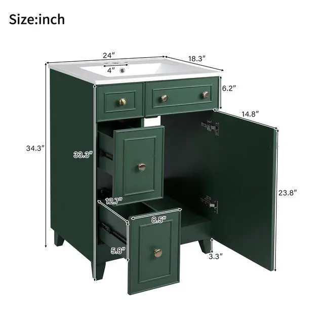 Alt view image 2 of 6 - 24" Bathroom Vanity, Green Sink Vanity, Modern Freestanding Bathroom Cabinet with Ceramic Sink, 2 Drawers, 1 Soft-Close Door