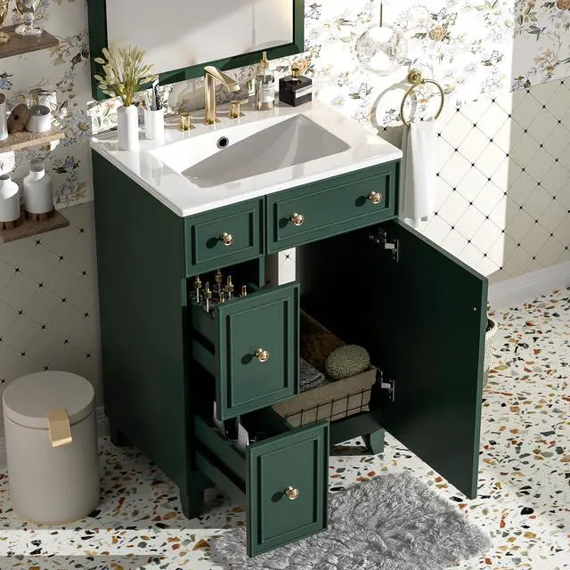 Alt view image 3 of 6 - 24" Bathroom Vanity, Green Sink Vanity, Modern Freestanding Bathroom Cabinet with Ceramic Sink, 2 Drawers, 1 Soft-Close Door