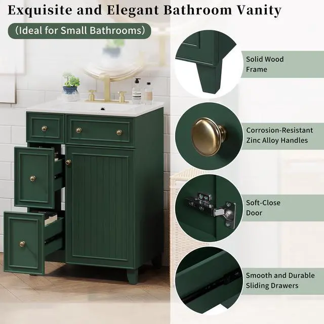 Alt view image 4 of 6 - 24" Bathroom Vanity, Green Sink Vanity, Modern Freestanding Bathroom Cabinet with Ceramic Sink, 2 Drawers, 1 Soft-Close Door