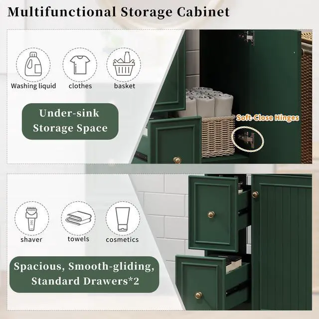 Alt view image 5 of 6 - 24" Bathroom Vanity, Green Sink Vanity, Modern Freestanding Bathroom Cabinet with Ceramic Sink, 2 Drawers, 1 Soft-Close Door