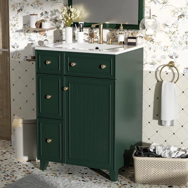 Alt view image 6 of 6 - 24" Bathroom Vanity, Green Sink Vanity, Modern Freestanding Bathroom Cabinet with Ceramic Sink, 2 Drawers, 1 Soft-Close Door
