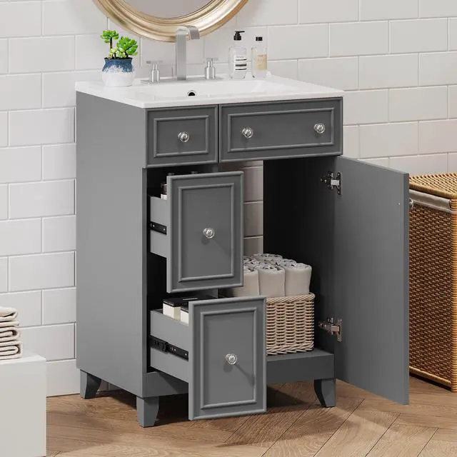 Main image of Bathroom Vanity with Sink Combo, Modern Freestanding Bathroom Sink Cabinet with Gold Handles,Bathroom Cabinet with 24 inch Sink, 2 Drawers, 1 Door, Gray