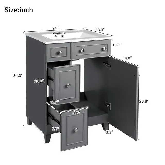 Alt view image 2 of 6 - Bathroom Vanity with Sink Combo, Modern Freestanding Bathroom Sink Cabinet with Gold Handles,Bathroom Cabinet with 24 inch Sink, 2 Drawers, 1 Door, Gray