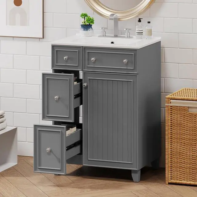 Alt view image 3 of 6 - Bathroom Vanity with Sink Combo, Modern Freestanding Bathroom Sink Cabinet with Gold Handles,Bathroom Cabinet with 24 inch Sink, 2 Drawers, 1 Door, Gray
