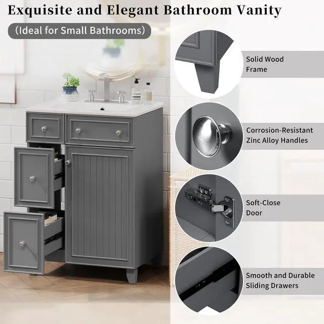 Alt view image 4 of 6 - Bathroom Vanity with Sink Combo, Modern Freestanding Bathroom Sink Cabinet with Gold Handles,Bathroom Cabinet with 24 inch Sink, 2 Drawers, 1 Door, Gray