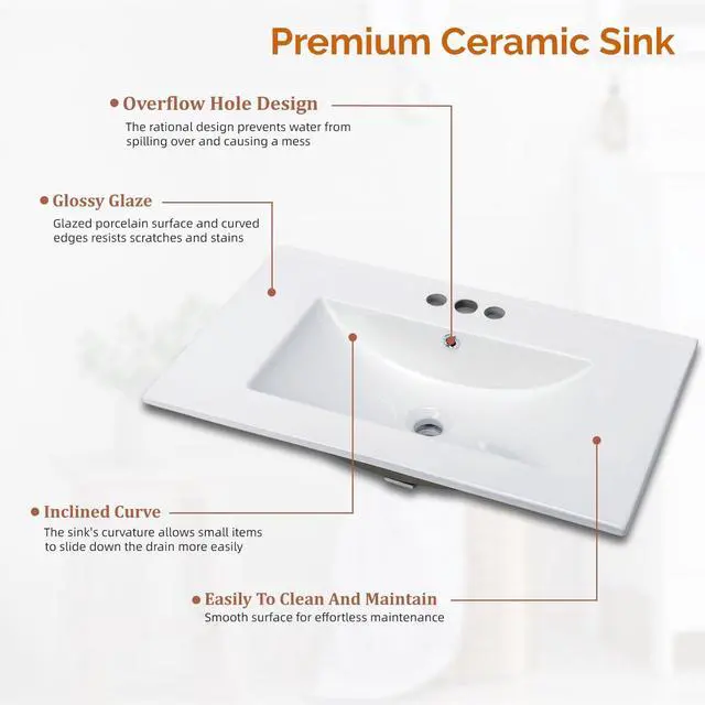 Alt view image 5 of 6 - Bathroom Vanity with Sink Combo, Modern Freestanding Bathroom Sink Cabinet with Gold Handles,Bathroom Cabinet with 24 inch Sink, 2 Drawers, 1 Door, Gray