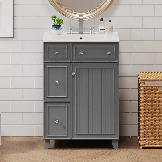 Alt view image 6 of 6 - Bathroom Vanity with Sink Combo, Modern Freestanding Bathroom Sink Cabinet with Gold Handles,Bathroom Cabinet with 24 inch Sink, 2 Drawers, 1 Door, Gray