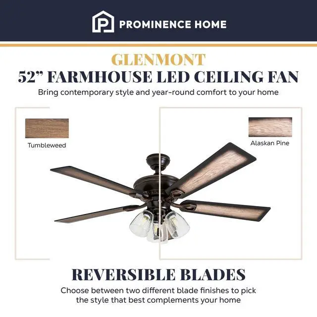 Alt view image 3 of 6 - Glenmont, 52 Inch Farmhouse LED Ceiling Fan with Light, Pull Chain, Three Mounting Options, Dual Finish Blades, Reversible Motor - 40278-01 (Oil-Rubbed Bronze)