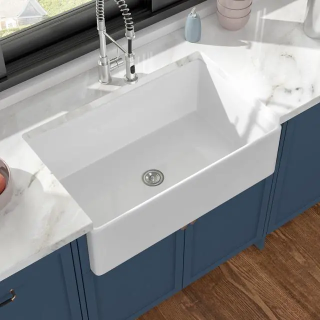 Alt view image 3 of 6 - 33 Inch White Farmhouse Sink Fireclay Farm House Kitchen Sink Apron Front Barn Country Style Sinks With Rounded Corner,DC-A1101