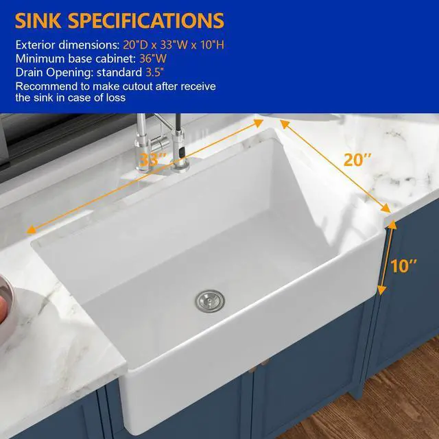 Alt view image 5 of 6 - 33 Inch White Farmhouse Sink Fireclay Farm House Kitchen Sink Apron Front Barn Country Style Sinks With Rounded Corner,DC-A1101