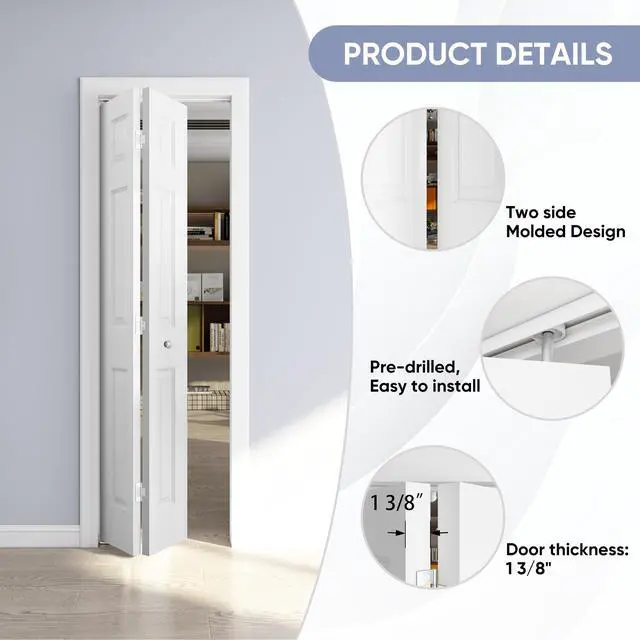 Alt view image 2 of 6 - 24in. x 80in. Bifold Door, 6 Panel Primed Bifold Interior Doors, Hollow Core Bi Fold Closet Door with Hardware Kit Include, Folding Doors for Laundry, Pantry & Bedroom