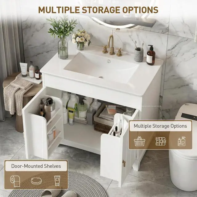 Alt view image 3 of 6 - 30" Bathroom Vanity with Sink, Freestanding Bathroom Vanity Storage with Fluted Cabinet Doors, Modern Farmhouse Bathroom Sink Cabinet with Door-Mounted Shelves, White