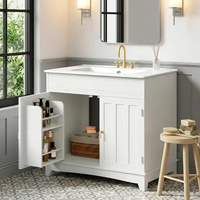 Alt view image 4 of 6 - 30" Bathroom Vanity with Sink, Freestanding Bathroom Vanity Storage with Fluted Cabinet Doors, Modern Farmhouse Bathroom Sink Cabinet with Door-Mounted Shelves, White