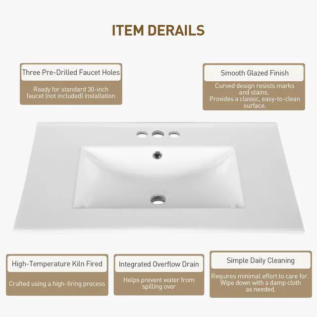 Alt view image 5 of 6 - 30" Bathroom Vanity with Sink, Freestanding Bathroom Vanity Storage with Fluted Cabinet Doors, Modern Farmhouse Bathroom Sink Cabinet with Door-Mounted Shelves, White