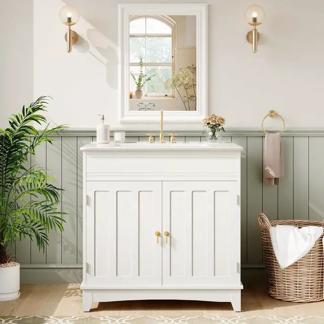 Alt view image 6 of 6 - 30" Bathroom Vanity with Sink, Freestanding Bathroom Vanity Storage with Fluted Cabinet Doors, Modern Farmhouse Bathroom Sink Cabinet with Door-Mounted Shelves, White