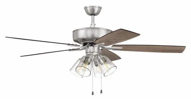 Alt view image 6 of 6 - 52" Pro Plus P104BNK5-52DWGWN Indoor Fan with 4 Light Clear Glass Light Kit in Brushed Polished Nickel with Reversible Greywood/Grey Walnut Blades
