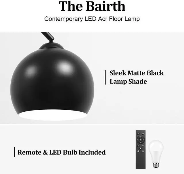 Alt view image 2 of 6 - 77 Arc Floor Lamp for Living Room, Upgraded Black Standing Lamp with Remote, 3 Color Temperatures&Brightness Adjustable, Arched Floor lamp for Bedroom, Office, Mid Century Modern Decor, Bulb Included
