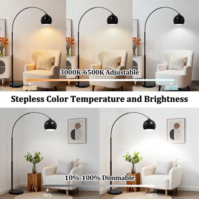 Alt view image 5 of 6 - 77 Arc Floor Lamp for Living Room, Upgraded Black Standing Lamp with Remote, 3 Color Temperatures&Brightness Adjustable, Arched Floor lamp for Bedroom, Office, Mid Century Modern Decor, Bulb Included
