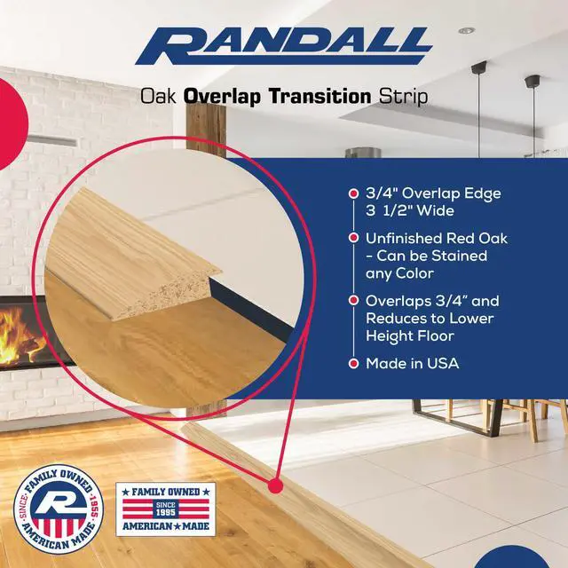 Alt view image 4 of 6 - 3/4" High Solid Oak Overlap | Overlaps and Transitions a 3/4" Height Difference | 3 1/2" Wide | Floor Transition | 6 Feet Long | Made in the USA