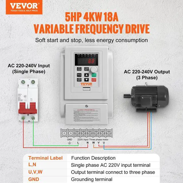 Alt view image 2 of 6 - VFD 5HP 4KW 18A, 1 Phase 220V-240V Input to 3 Phase 220V-240V Output Variable Frequency Drive, 0-400Hz VFD for AC Motor Speed Control