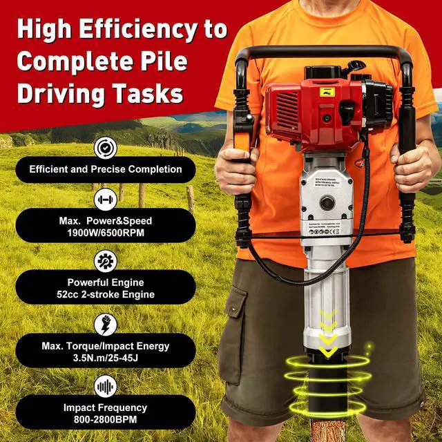 Alt view image 2 of 6 - 52CC 2 Stroke Gas Powered T Post Driver, 1900W Gas Powered Pile Driver Fence Post Driver Portable Petrol Piledriver Single Cylinder Air Cooling 6500r/min, with 2 Post Driving Head