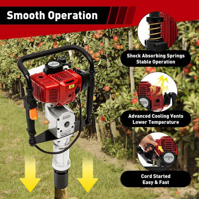 Alt view image 5 of 6 - 52CC 2 Stroke Gas Powered T Post Driver, 1900W Gas Powered Pile Driver Fence Post Driver Portable Petrol Piledriver Single Cylinder Air Cooling 6500r/min, with 2 Post Driving Head