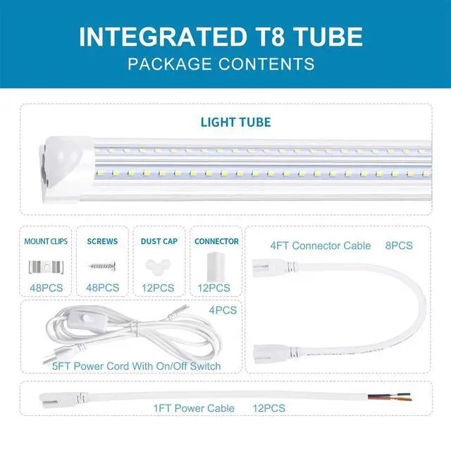 Alt view image 5 of 6 - 8FT LED Shop Light Fixture,Integrate T8 Linkable Shop Lights,Plug and Play,100W 6000K,Fluorescent Tube Lamp Replacements for Garage Warehouse,Factory, Workshop(12-Pack)