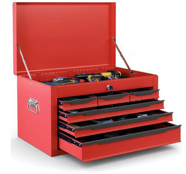 Main image of Small Tool Box, 24" Lockable Steel Toolbox with 6 Drawers & Top Tray, Heavy Duty Tool Chest Cabinet Storage Organizer for Garage, Workshop, Repair Shop, Warehouse (Red)