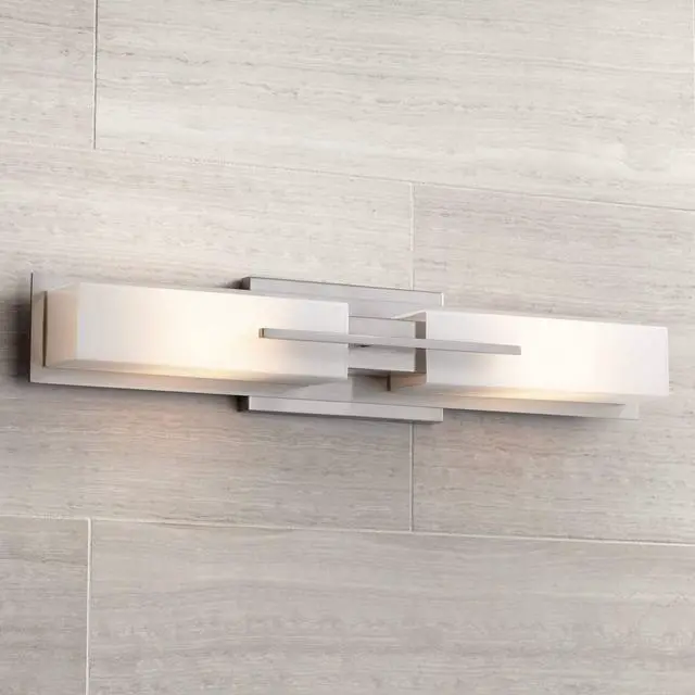 Main image of Midtown Mid Century Modern Wall Mount Light Brushed Nickel Silver Metal 23 1/2" Wide 2-Light Vanity Fixture Rectangular White Glass Decor for Bathroom Over Mirror House Home