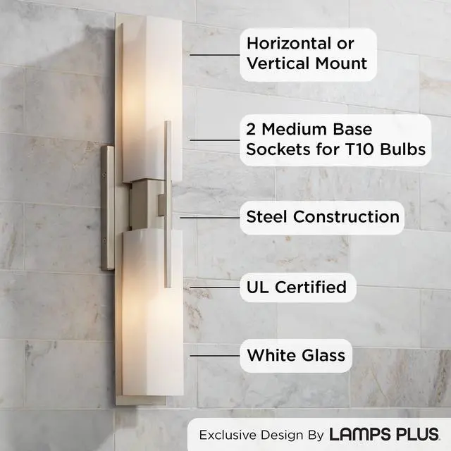 Alt view image 3 of 6 - Midtown Mid Century Modern Wall Mount Light Brushed Nickel Silver Metal 23 1/2" Wide 2-Light Vanity Fixture Rectangular White Glass Decor for Bathroom Over Mirror House Home