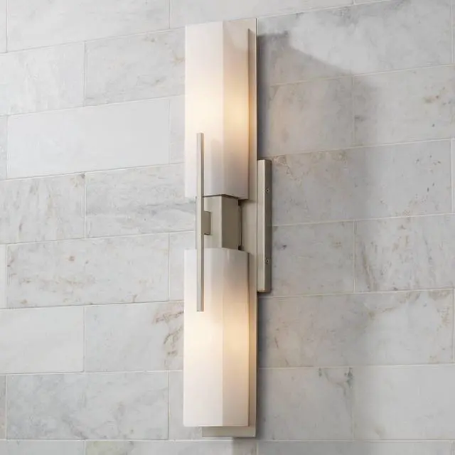 Alt view image 6 of 6 - Midtown Mid Century Modern Wall Mount Light Brushed Nickel Silver Metal 23 1/2" Wide 2-Light Vanity Fixture Rectangular White Glass Decor for Bathroom Over Mirror House Home