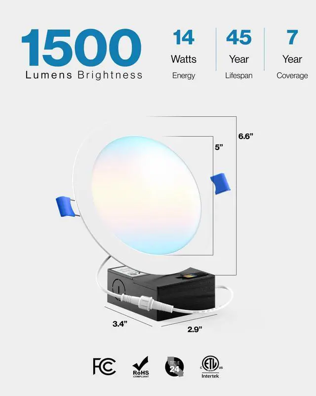 Alt view image 5 of 6 - Sunco 24 Pack 6 Inch Ultra Thin LED Recessed Ceiling Lights, High Brightness 1500LM, Selectable CCT 2700K/3000K/4000K/5000K/6000K, Dimmable, 14W, Canless with Junction Box
